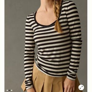 Anthropologie Black & Cream Striped Scoop-Neck Long Sleeve Top